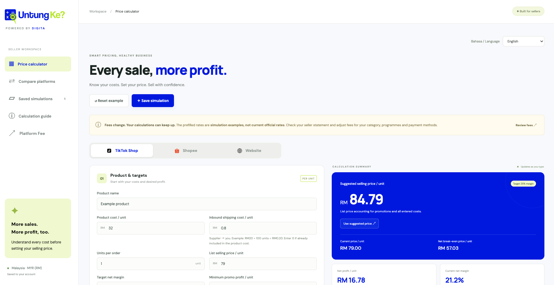Paparan sistem UntungKe dengan input kos produk, pilihan platform dan cadangan harga jual RM84.79